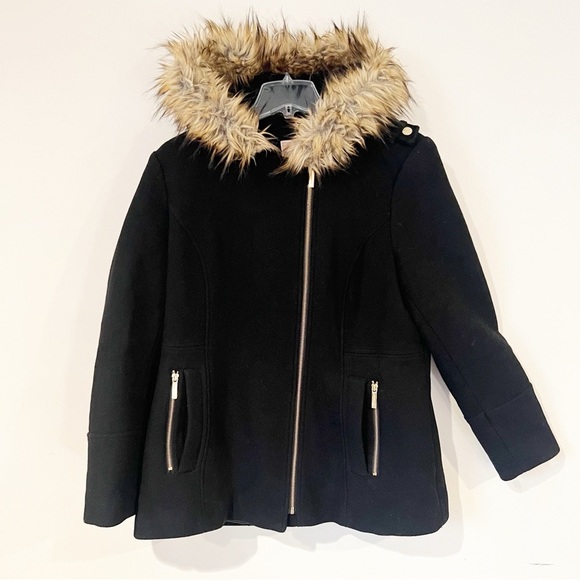 Michael Kors Black Wool Parka Fur Hood Coat Gold Hardware Size 14 Mid Length - Picture 14 of 14